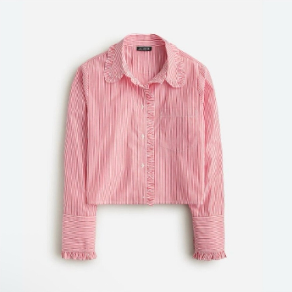 Red & White Striped Cropped Ruffle Trim Button Up Shirt